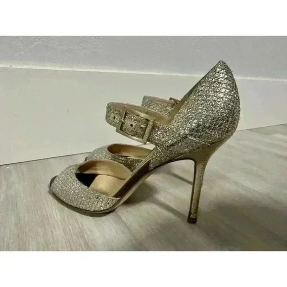 Jimmy Choo Gold Coarse Glitter Peep Toe Ankle Strap‎ Sandals Size 35 1/2 - Picture 12 of 16